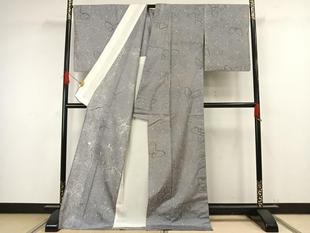 平和屋着物▽松煙染の第一人者 川島草苑 小紋 単衣 紬地 舞蝶文 ロング丈 正絹 逸品 AAAW1266fy