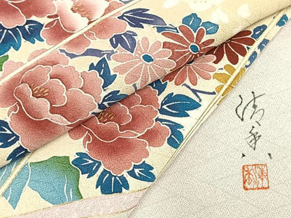 平和屋着物▽訪問着 単衣 作家物 草花文 金彩 正絹 逸品 未使用 AAAW1267fy