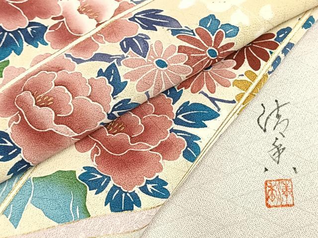 平和屋着物▽訪問着 単衣 作家物 草花文 金彩 正絹 逸品 未使用 AAAW1267fy
