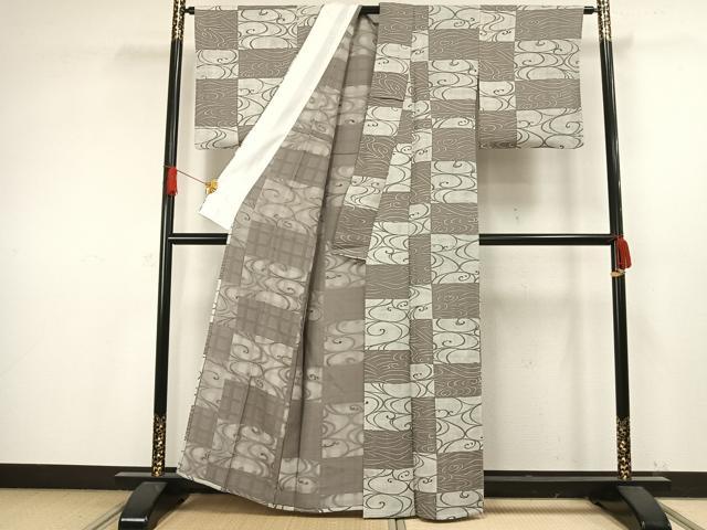 平和屋着物▽上質な小紋 単衣 流水市松文 正絹 逸品 AAAW1269fy