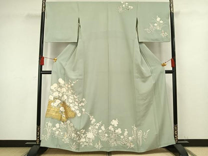 平和屋着物▽訪問着 単衣 草花文 金糸 金彩 正絹 逸品 AAAW1272fy