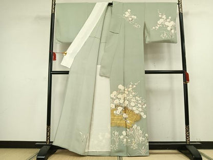 平和屋着物▽訪問着 単衣 草花文 金糸 金彩 正絹 逸品 AAAW1272fy