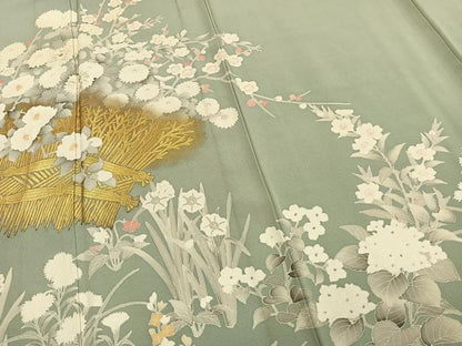 平和屋着物▽訪問着 単衣 草花文 金糸 金彩 正絹 逸品 AAAW1272fy