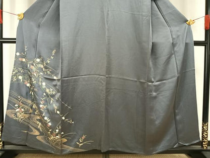 平和屋着物▽訪問着 単衣 流水草花文 金彩 正絹 逸品 AAAW1276fy