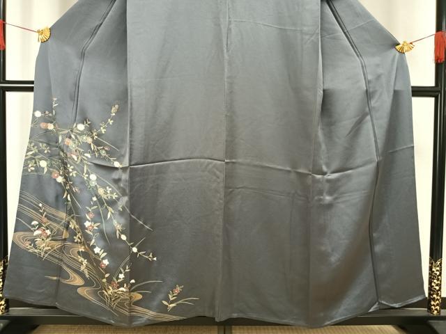 平和屋着物▽訪問着 単衣 流水草花文 金彩 正絹 逸品 AAAW1276fy
