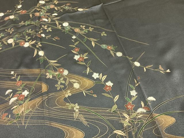 平和屋着物▽訪問着 単衣 流水草花文 金彩 正絹 逸品 AAAW1276fy