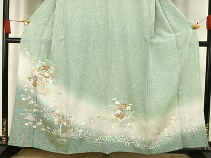 平和屋着物▽訪問着　単衣　風景草花文　たたき染め　金彩　正絹　逸品　AAAW1285fy