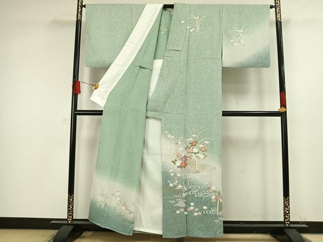 平和屋着物▽訪問着　単衣　風景草花文　たたき染め　金彩　正絹　逸品　AAAW1285fy