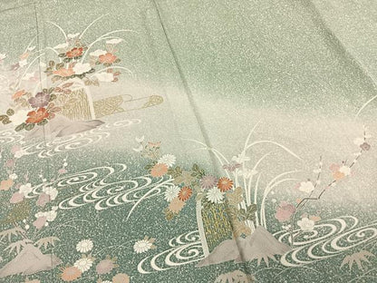 平和屋着物▽訪問着　単衣　風景草花文　たたき染め　金彩　正絹　逸品　AAAW1285fy