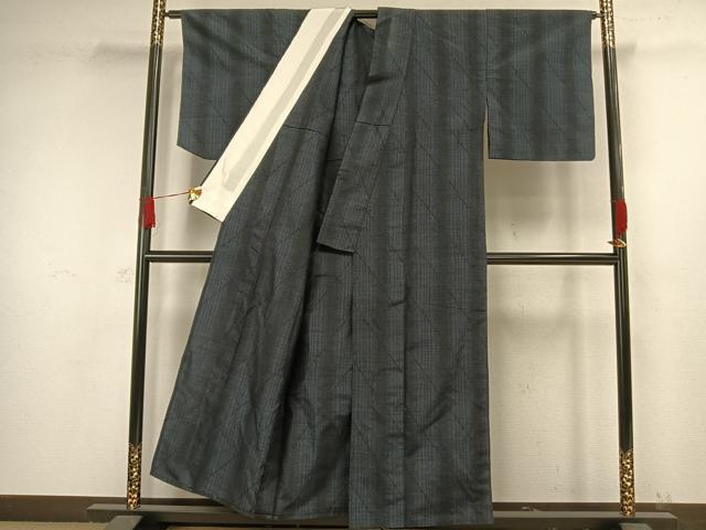 平和屋着物▽上質な紬 単衣 斜縞 正絹 逸品 AAAW1290fy