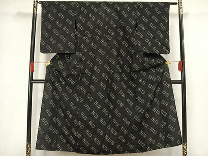 平和屋着物▽お召 単衣 幾何学文様 黒地 正絹 逸品 AAAW1295fy