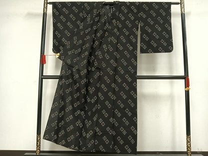 平和屋着物▽お召 単衣 幾何学文様 黒地 正絹 逸品 AAAW1295fy
