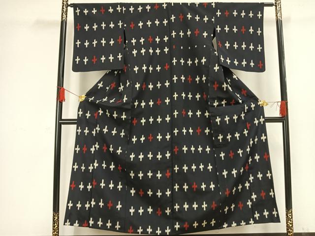 平和屋着物▽お召 単衣 十字絣 正絹 逸品 AAAW1296fy