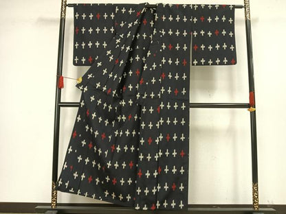 平和屋着物▽お召 単衣 十字絣 正絹 逸品 AAAW1296fy