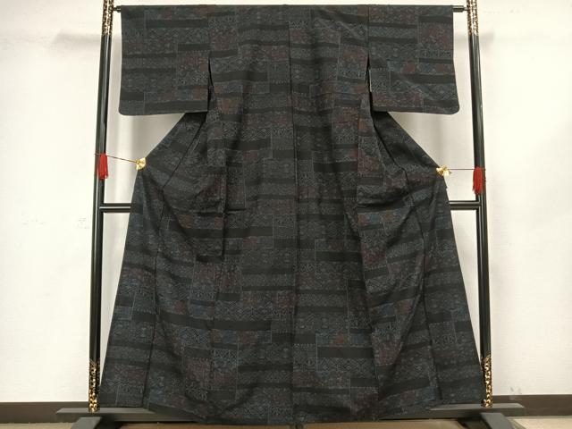 平和屋着物▽上質な紬 単衣 横段草花文 正絹 逸品 未使用 AAAW1298fy