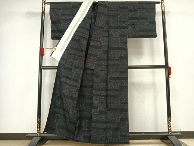 平和屋着物▽上質な紬 単衣 横段草花文 正絹 逸品 未使用 AAAW1298fy