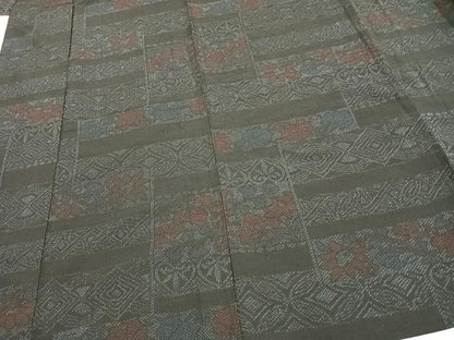 平和屋着物▽上質な紬 単衣 横段草花文 正絹 逸品 未使用 AAAW1298fy