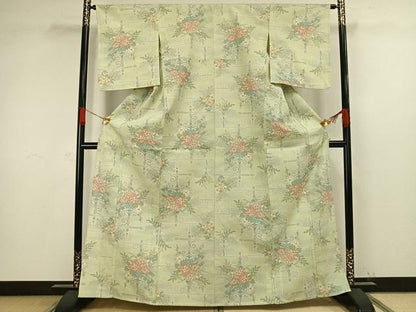 平和屋着物▽お召 単衣 草花文 正絹 逸品 AAAW1302fy