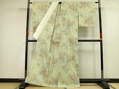 平和屋着物▽お召 単衣 草花文 正絹 逸品 AAAW1302fy