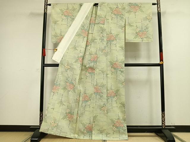 平和屋着物▽お召 単衣 草花文 正絹 逸品 AAAW1302fy