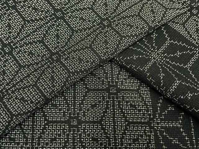 平和屋着物▽本塩沢 単衣 110亀甲 麻の葉文様 黒地 反端付き 正絹 逸品 未使用 AAAW1310fy