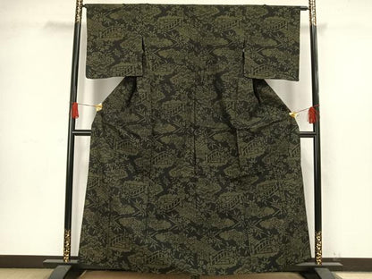 平和屋着物▽結城紬 単衣 風景草花文 黒地 正絹 逸品 AAAW1314fy