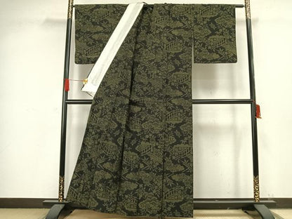 平和屋着物▽結城紬 単衣 風景草花文 黒地 正絹 逸品 AAAW1314fy