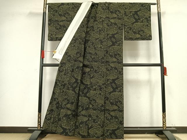 平和屋着物▽結城紬 単衣 風景草花文 黒地 正絹 逸品 AAAW1314fy