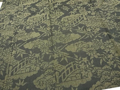 平和屋着物▽結城紬 単衣 風景草花文 黒地 正絹 逸品 AAAW1314fy