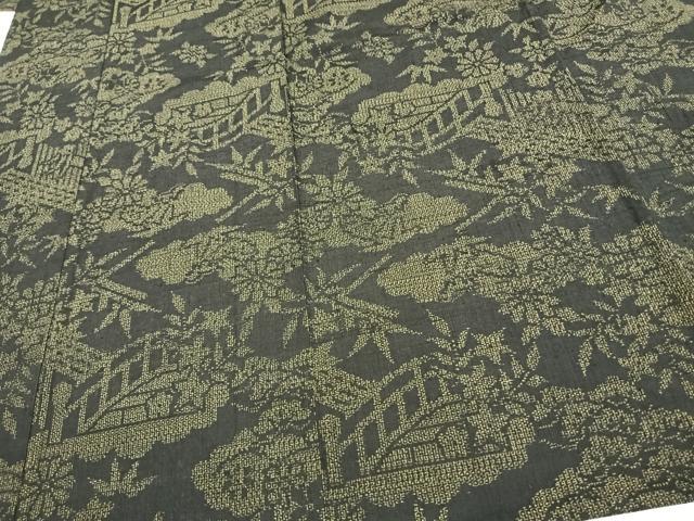 平和屋着物▽結城紬 単衣 風景草花文 黒地 正絹 逸品 AAAW1314fy