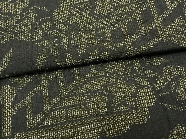 平和屋着物▽結城紬 単衣 風景草花文 黒地 正絹 逸品 AAAW1314fy