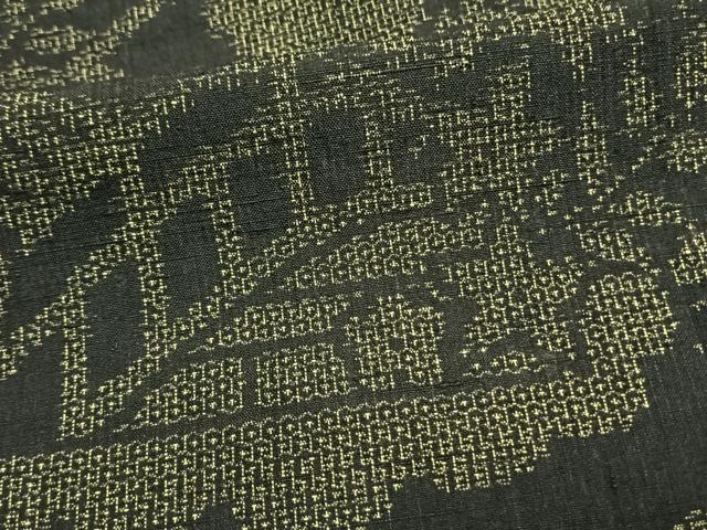 平和屋着物▽結城紬 単衣 風景草花文 黒地 正絹 逸品 AAAW1314fy