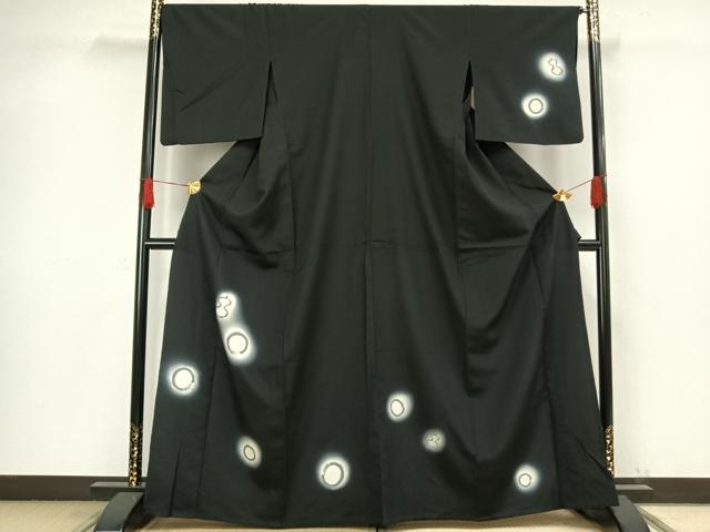 平和屋着物▽訪問着 単衣 本塩沢 丸文 瓢箪 暈し染め 黒地 正絹 逸品 AAAW1316fy