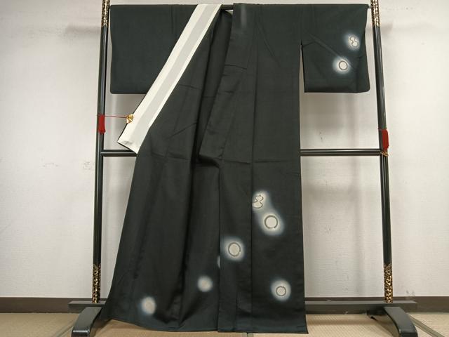 平和屋着物▽訪問着 単衣 本塩沢 丸文 瓢箪 暈し染め 黒地 正絹 逸品 AAAW1316fy