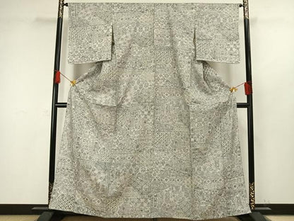 平和屋着物▽上質な小紋 単衣 紬地 切嵌文 正絹 逸品 未使用 AAAW1318fy