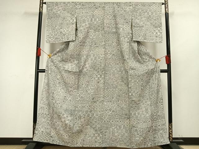 平和屋着物▽上質な小紋 単衣 紬地 切嵌文 正絹 逸品 未使用 AAAW1318fy