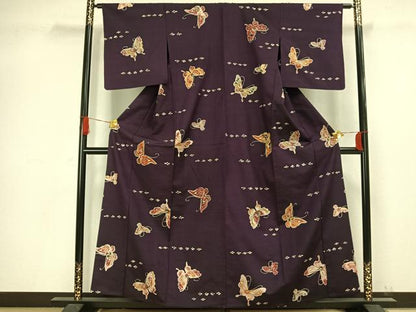 平和屋着物▽上質な小紋 単衣 紬地 型染め 舞蝶文 正絹 逸品 AAAW1320fy