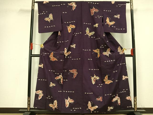 平和屋着物▽上質な小紋 単衣 紬地 型染め 舞蝶文 正絹 逸品 AAAW1320fy