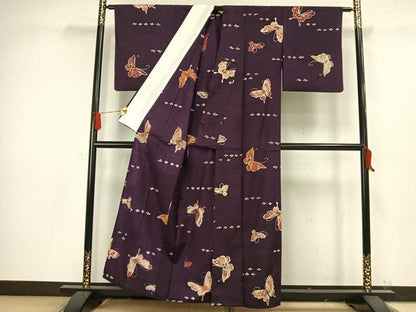 平和屋着物▽上質な小紋 単衣 紬地 型染め 舞蝶文 正絹 逸品 AAAW1320fy