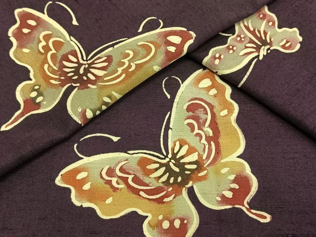 平和屋着物▽上質な小紋 単衣 紬地 型染め 舞蝶文 正絹 逸品 AAAW1320fy