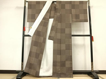 平和屋着物▽本塩沢 単衣 市松文様 正絹 逸品 AAAW1326fy