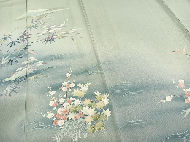 平和屋着物▽訪問着 単衣 友禅 風景草花文 暈し染め 正絹 逸品 AAAW1328fy