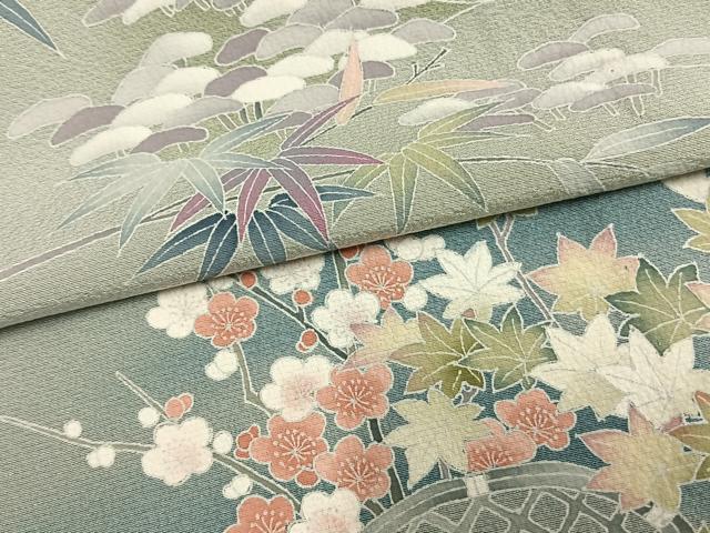 平和屋着物▽訪問着 単衣 友禅 風景草花文 暈し染め 正絹 逸品 AAAW1328fy