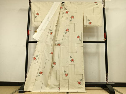 平和屋着物▽上質な紬 単衣 花蝶文 ロング丈 正絹 逸品 AAAW1333fy