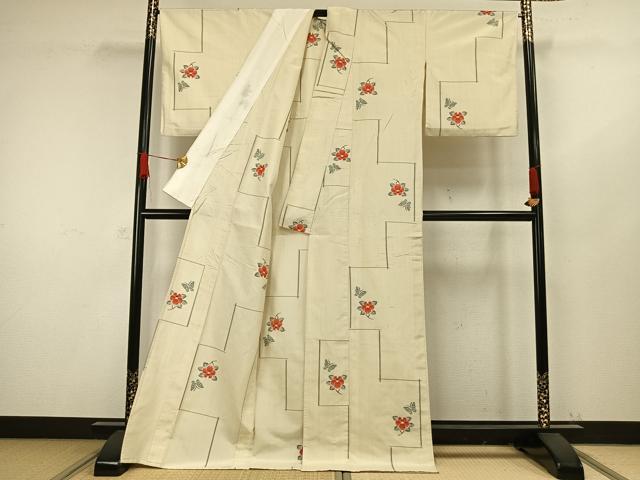 平和屋着物▽上質な紬 単衣 花蝶文 ロング丈 正絹 逸品 AAAW1333fy
