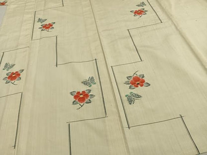 平和屋着物▽上質な紬 単衣 花蝶文 ロング丈 正絹 逸品 AAAW1333fy
