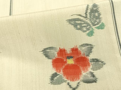 平和屋着物▽上質な紬 単衣 花蝶文 ロング丈 正絹 逸品 AAAW1333fy