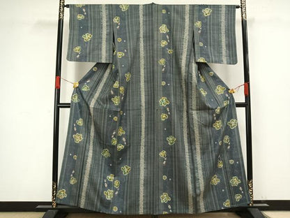 平和屋着物▽上質な紬 単衣 絞り 舞葉文 反端付き 正絹 逸品 AAAW1334fy