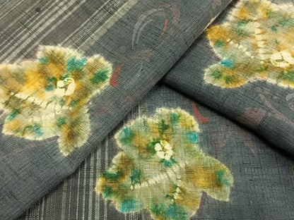 平和屋着物▽上質な紬 単衣 絞り 舞葉文 反端付き 正絹 逸品 AAAW1334fy