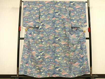 平和屋着物▽上質な小紋 単衣 型染め 風景文 正絹 逸品 AAAW1336fy